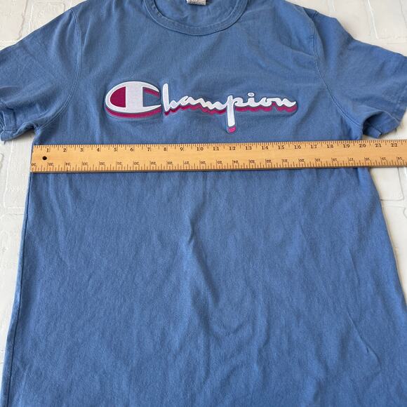Champion Light Blue Long 100% Cotton Short Sleeve T Shirt Embroidered Logo sz L - Picture 3 of 5